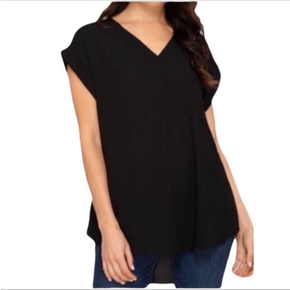 SHE + SKY cuffed sleeve blouse top M black - Picture 1 of 8